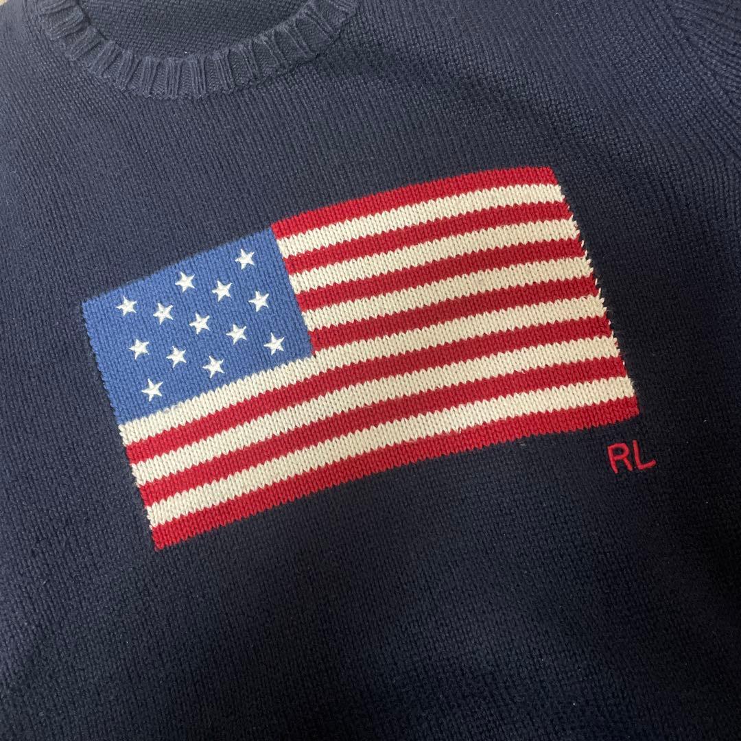 【美品】Ralph Lauren 米国製 星条旗 ニットセーター L 紺