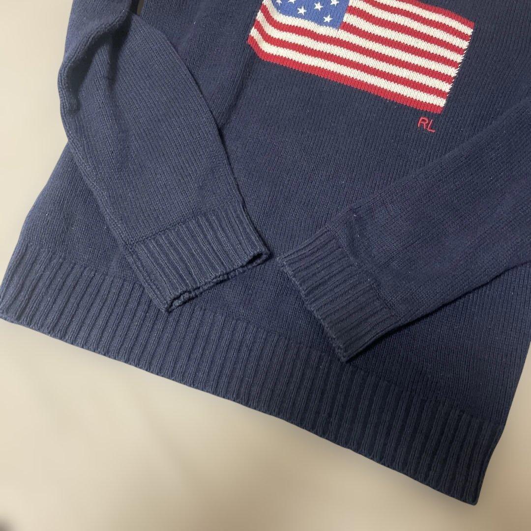 【美品】Ralph Lauren 米国製 星条旗 ニットセーター L 紺