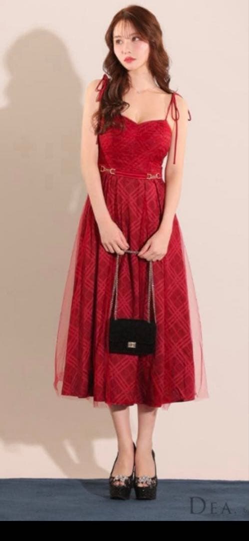 チュールチェックベルトデザイン キャミロングキャバドレス