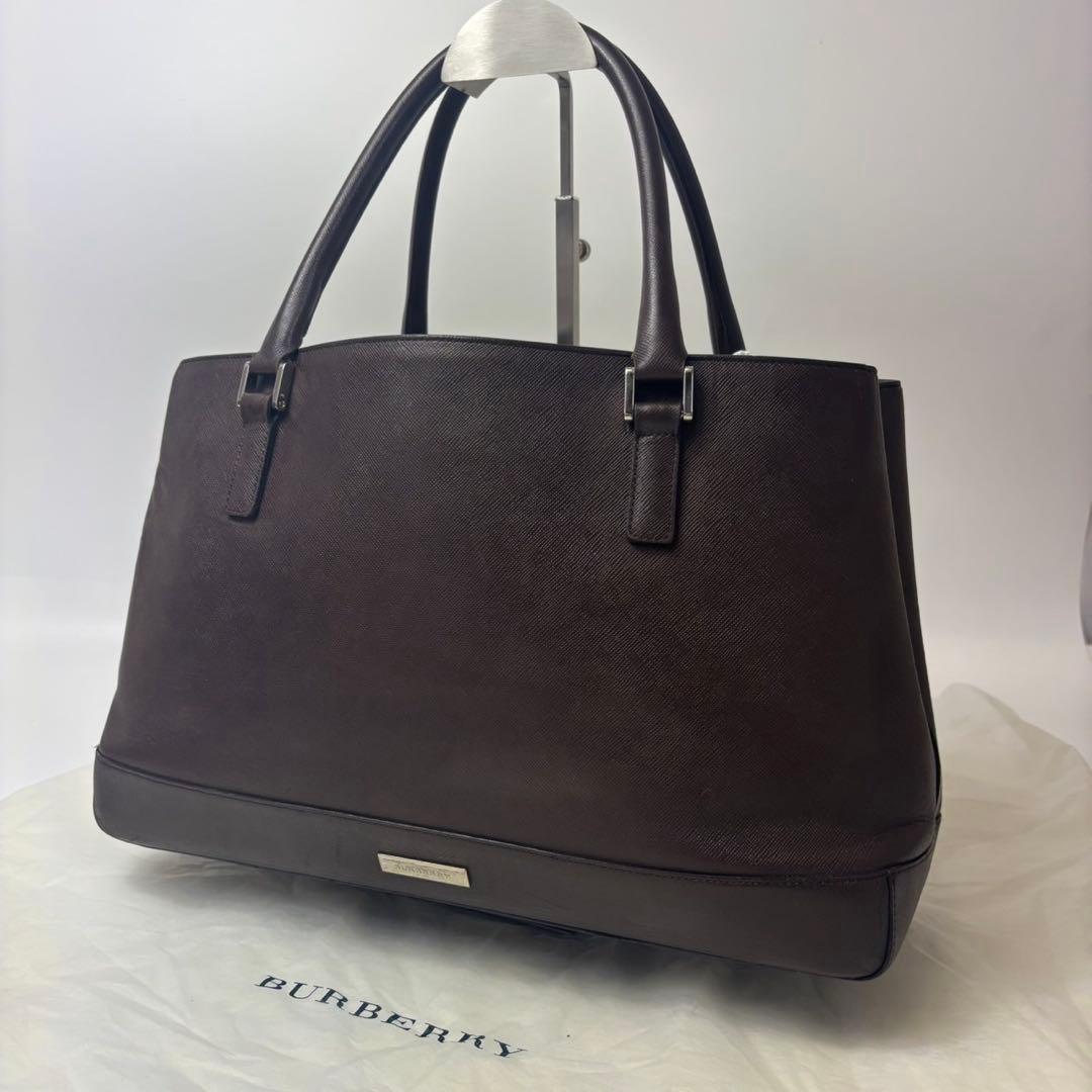 美品　バーバリー ハンドバッグ サフィアーノ ロゴプレート ダークブラウン