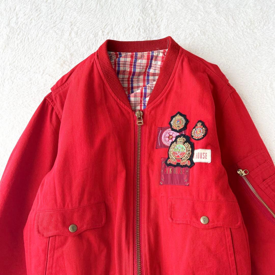 ピンクハウス ビンテージブルゾン ワッペン 裏地チェック 赤 フリーサイズ