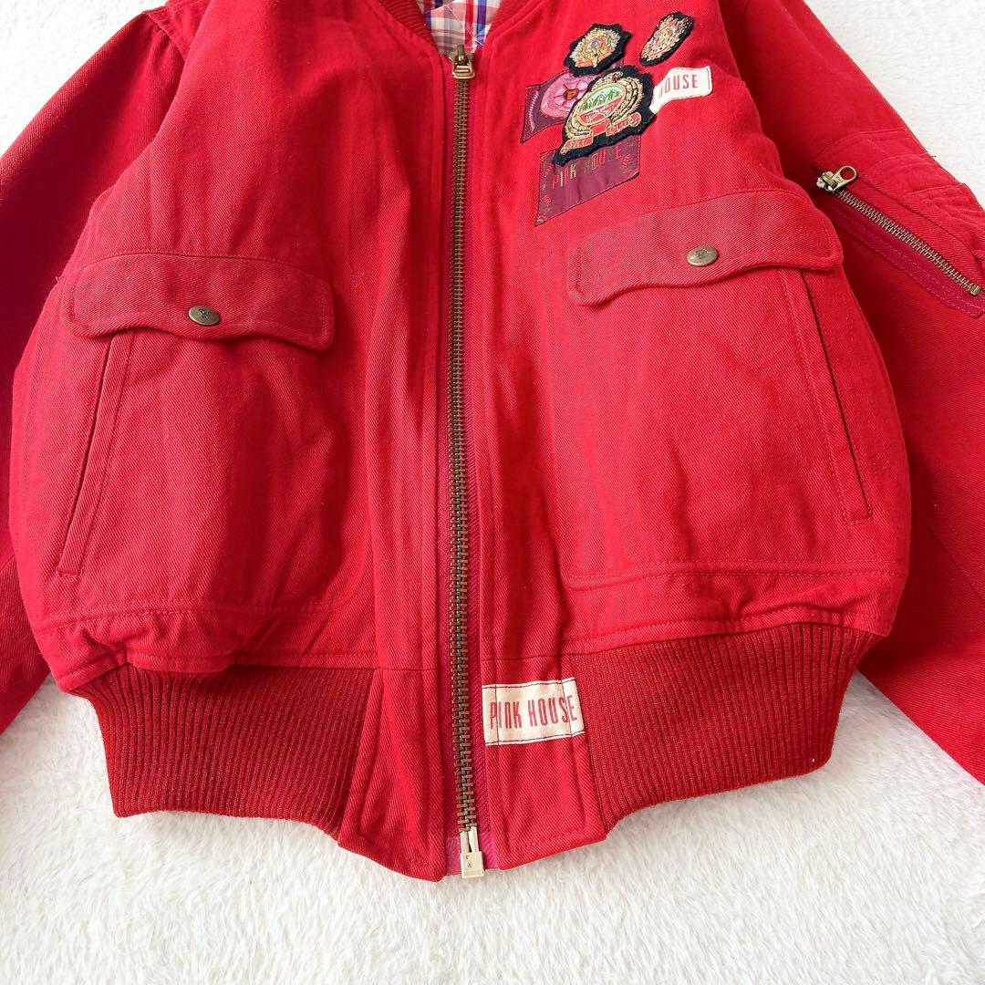 ピンクハウス ビンテージブルゾン ワッペン 裏地チェック 赤 フリーサイズ