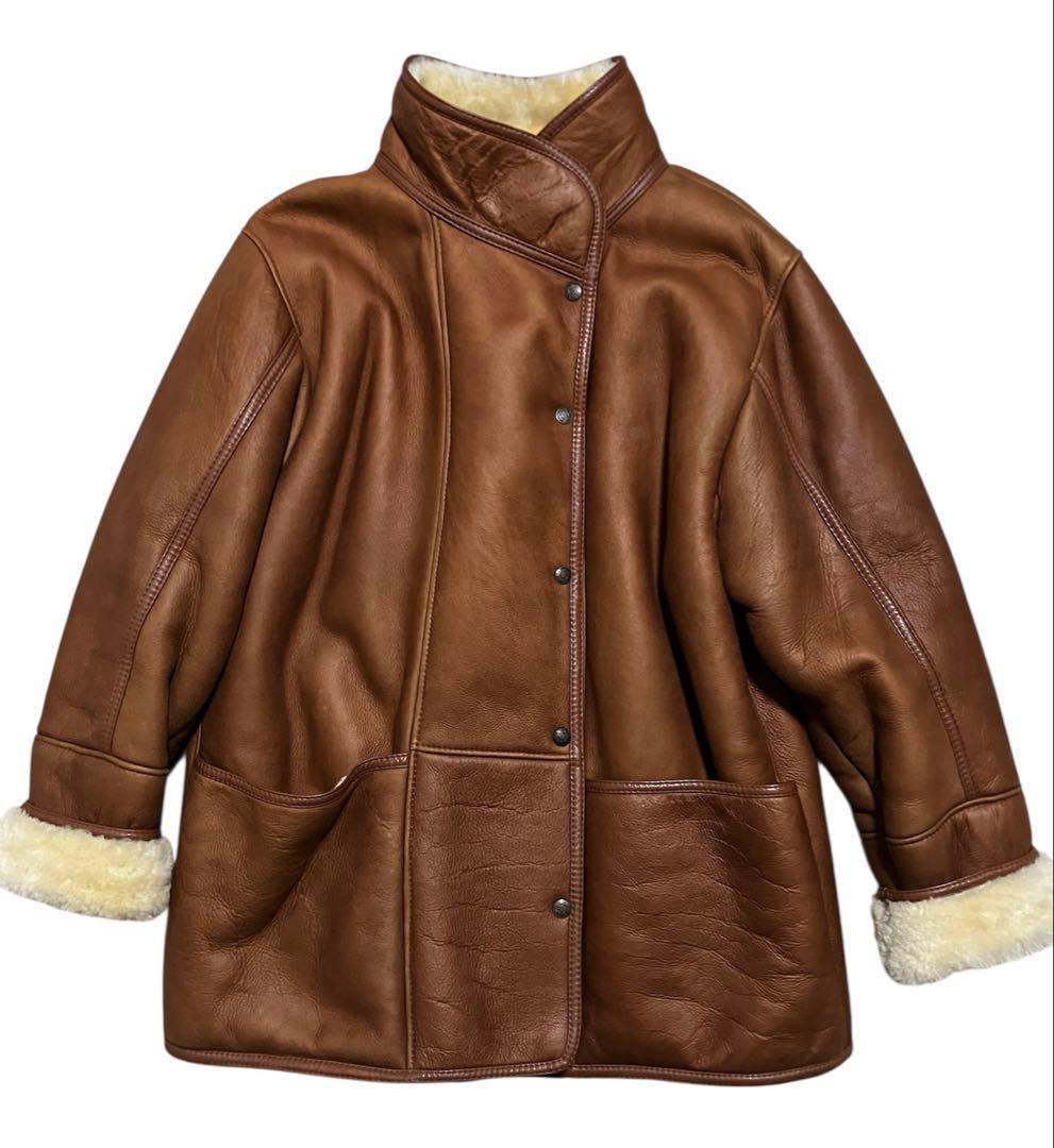 80s Eugene ムートンコート　ハイネック ボアジャケット　羊革