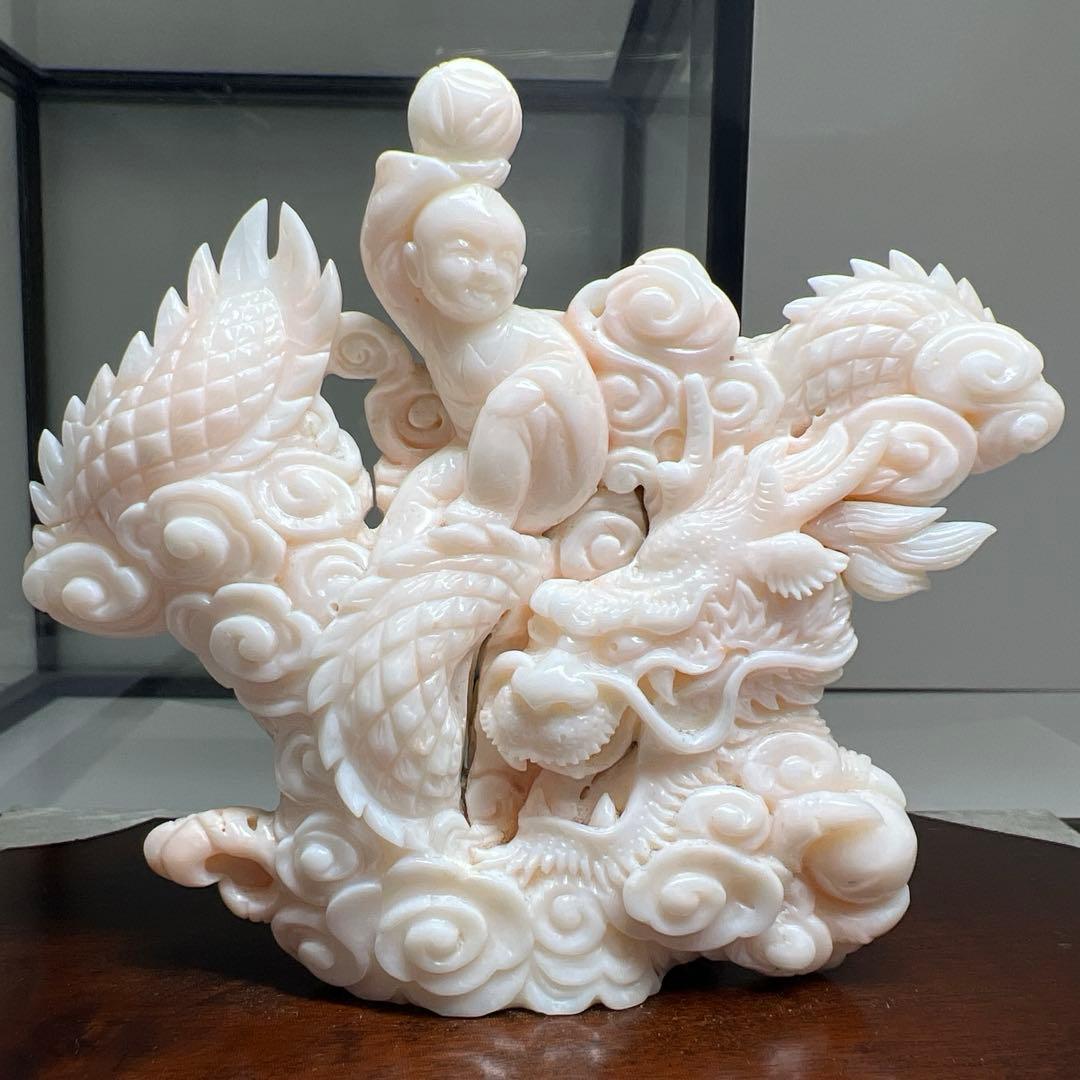 本桃色珊瑚　龍童子置物　ケース付　東Y7-1211☆2Fトヒト