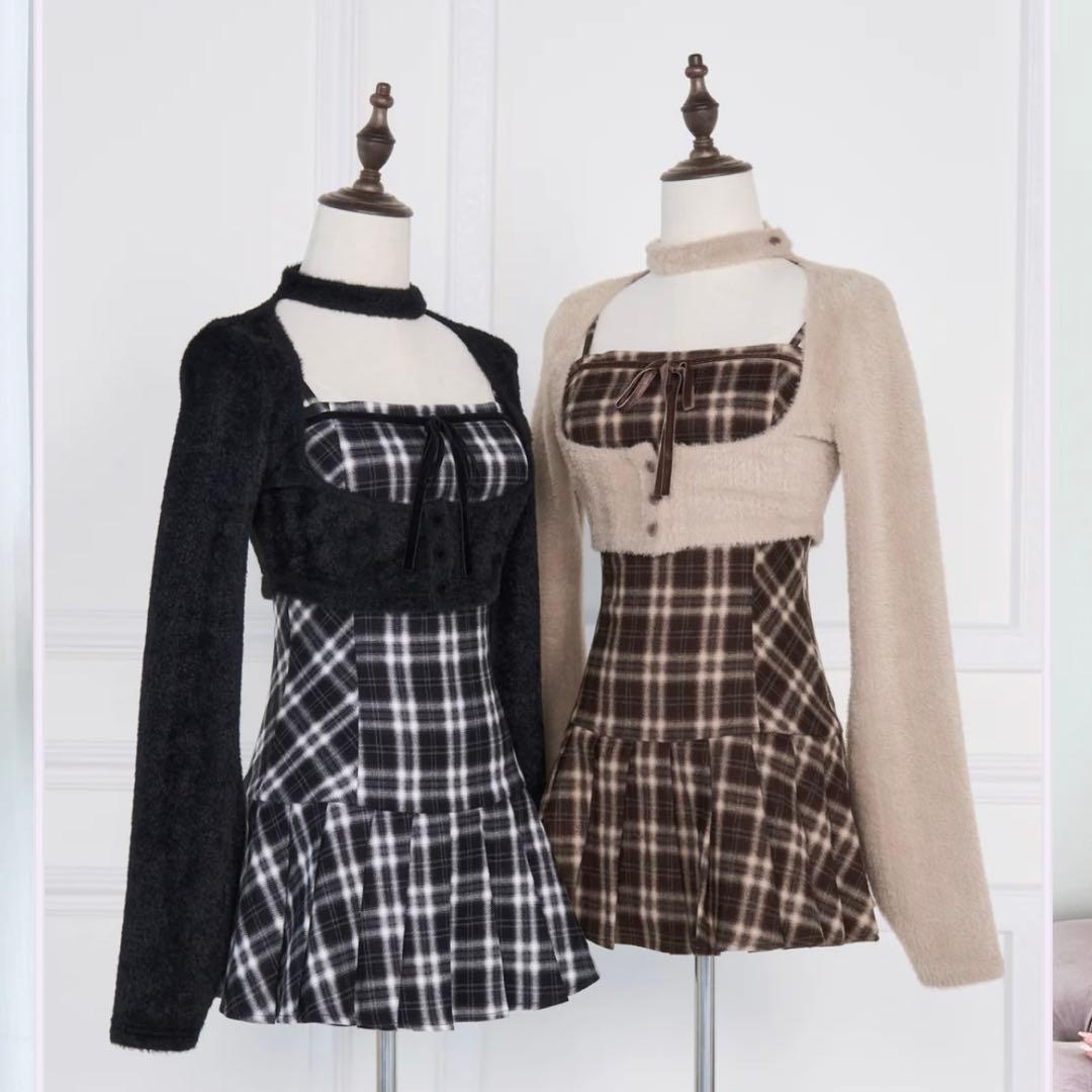 【新品未使用】BunnyLis nogenki ファーボレロ×チェックミニワンピ