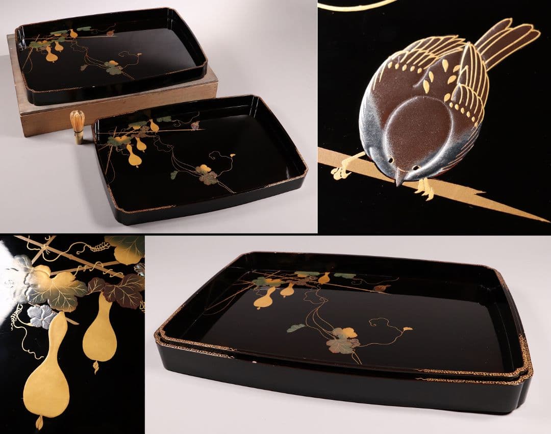 瓢箪雀蒔絵 広盆 大小一組 黒塗 金銀 螺鈿 木製漆器 広蓋 長方盆 花鳥MA9