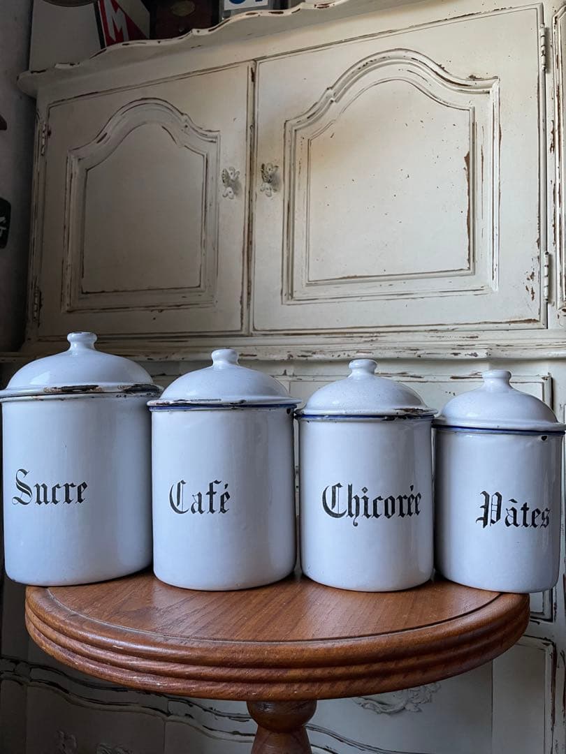 リー様専門　アンティーク　ホーロー　キャニスター　4個　ホワイト　美しい文字　白