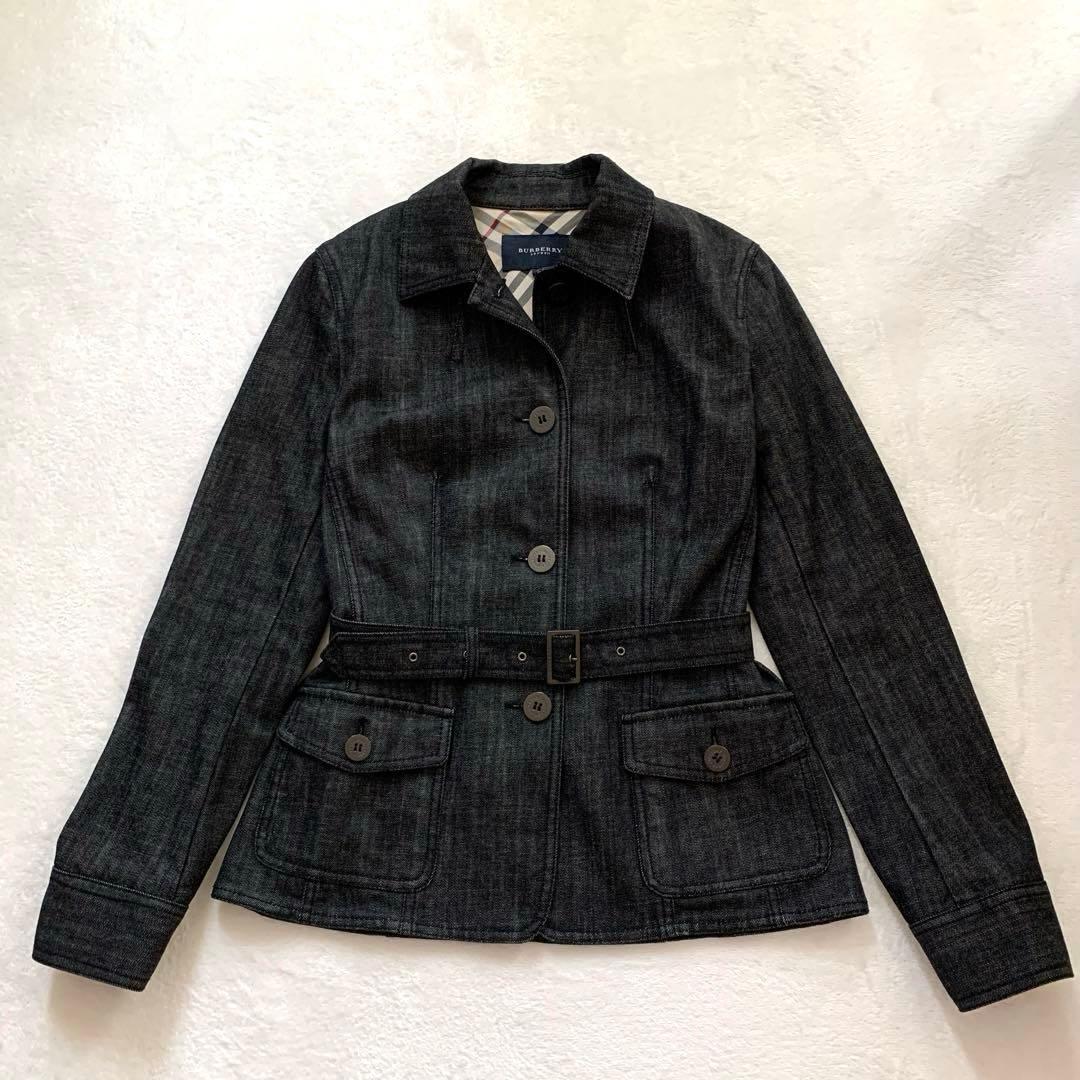 バーバリーロンドン　デニムジャケット　Ｌ　ブラックデニム　ベルト付　ノバチェック