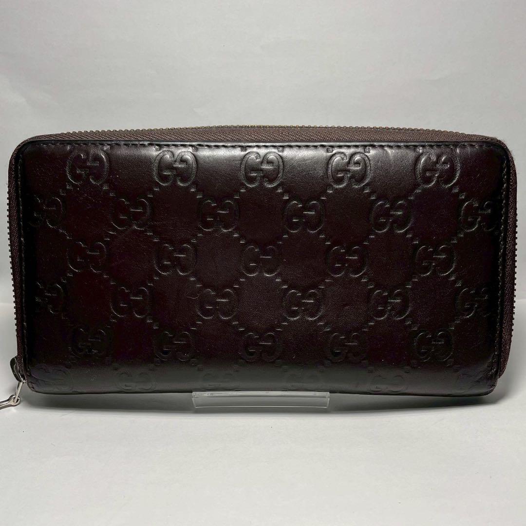 GUCCI グッチ シマ レザー GG柄 ラウンドジップ ダークブラウン