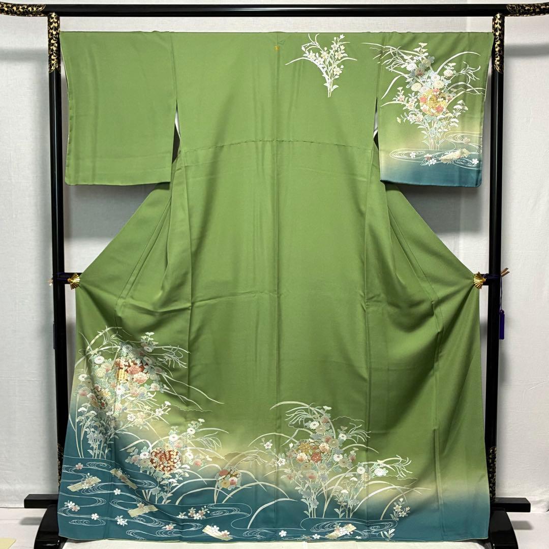 D82訪問着 花模様 流水 金彩 一つ紋 正絹着物 袷 しつけ糸付き未使用極美品