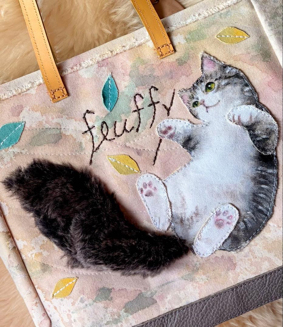 (手づくり)\"ふわふわ軽いネコ\"アップリケねこトートバッグ