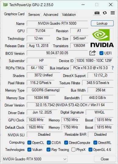 Nvidia Quadro RTX 5000 動作確認済み