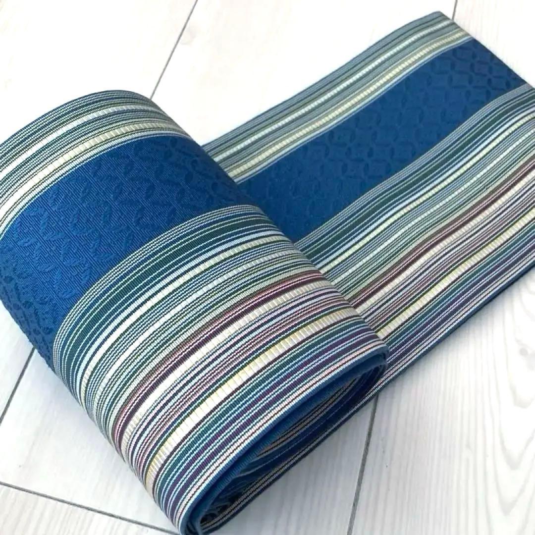 flower 博多織　半幅帯　ブルーグレー　縞模様の織り出No.77-22