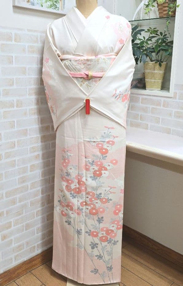 オフホワイト菊梅訪問着と袋帯・帯揚げ帯締めの4点フルセット