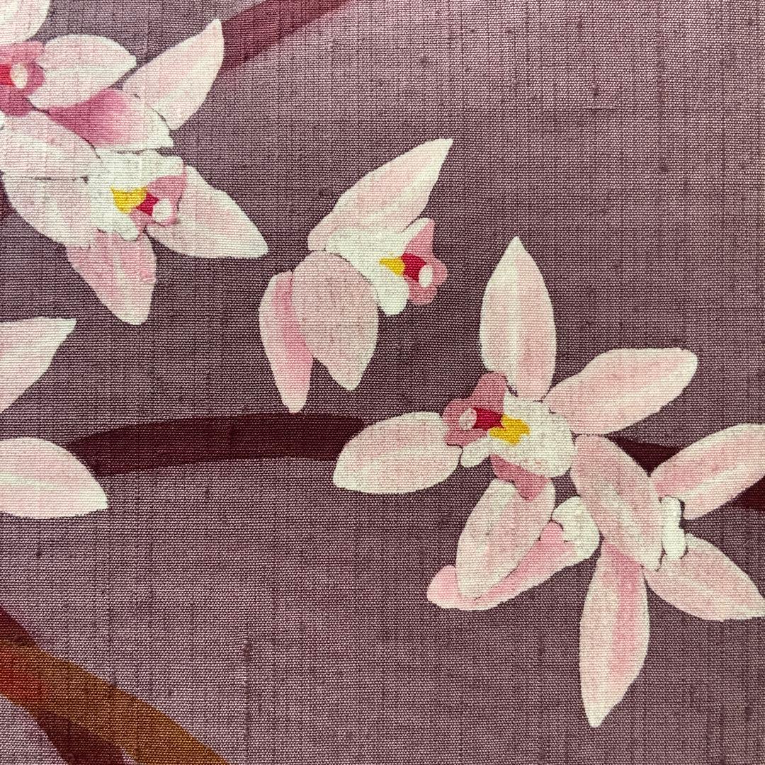 海老染色の紬　蘭のお花　リメイク　山葡萄ハンドルバッグ