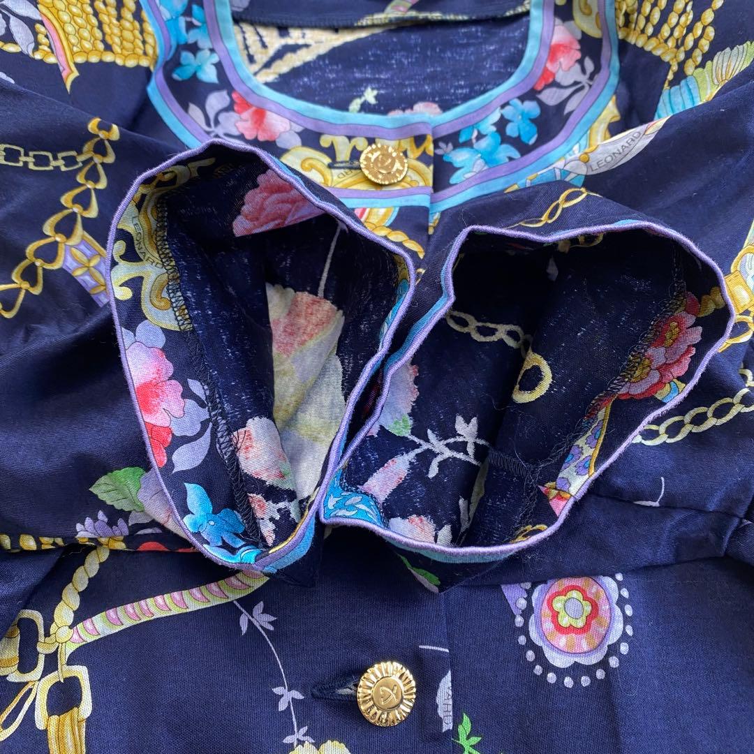 美品★LEONARD レオナール 半袖ジャケット 花柄 金ボタン 洗濯出来る L