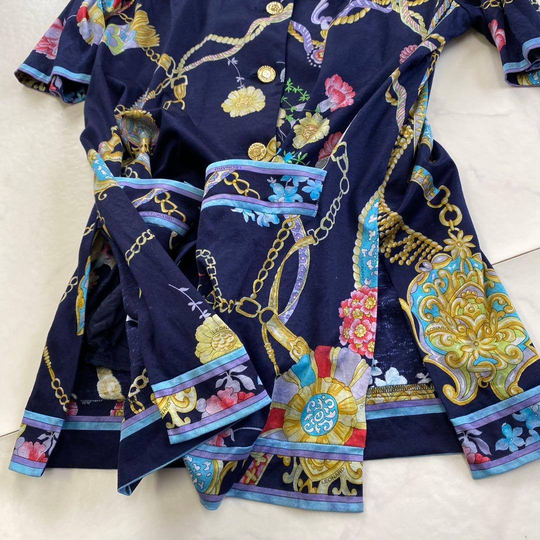 美品★LEONARD レオナール 半袖ジャケット 花柄 金ボタン 洗濯出来る L