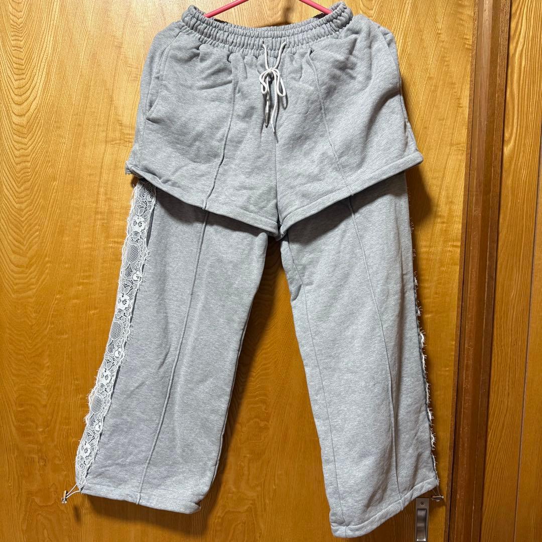 poppy あさぎーにょ レイヤードルック レーススウェットパンツ グレー