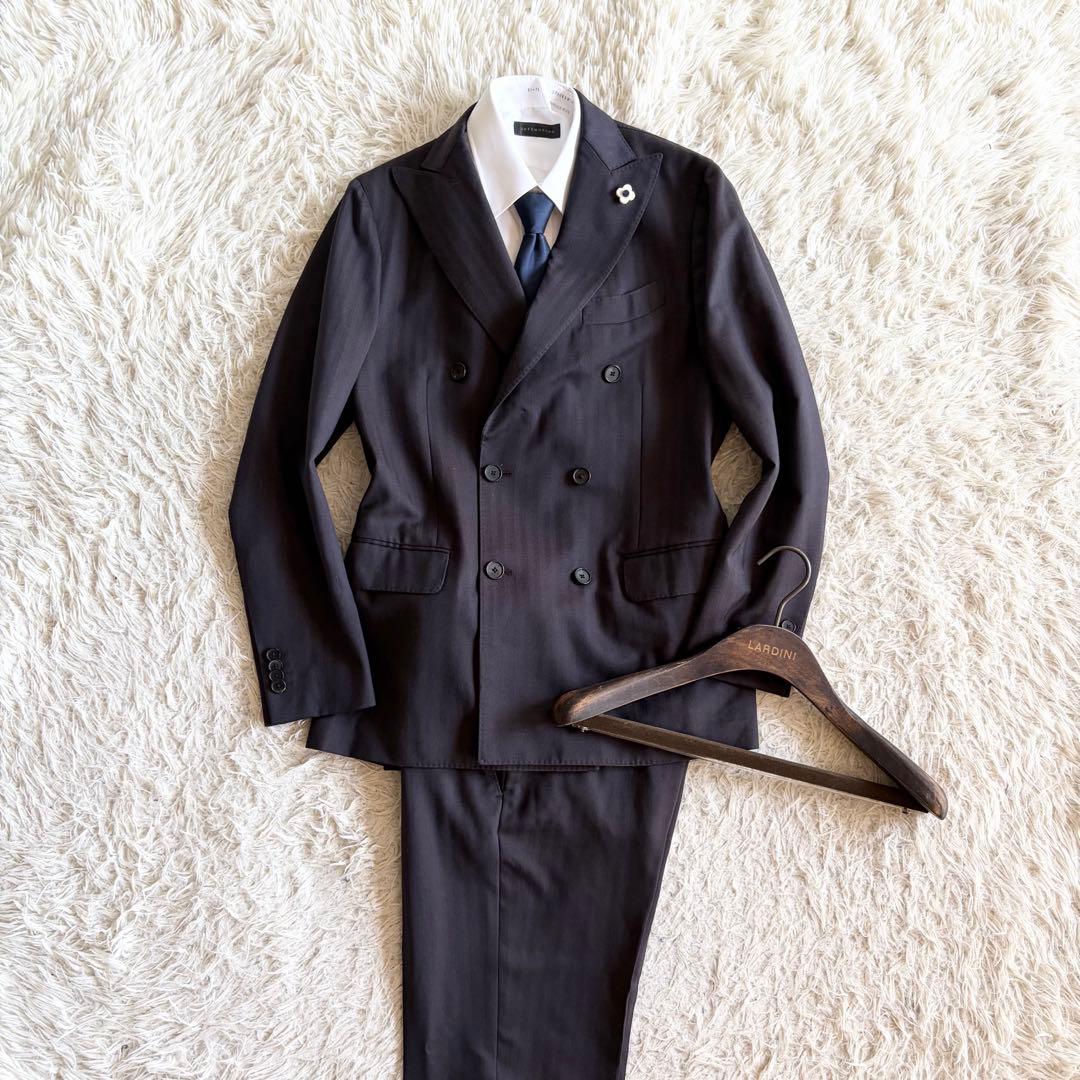 <美品>LARDINI ウール シルク ブラウン ダブル スーツ サイズ46
