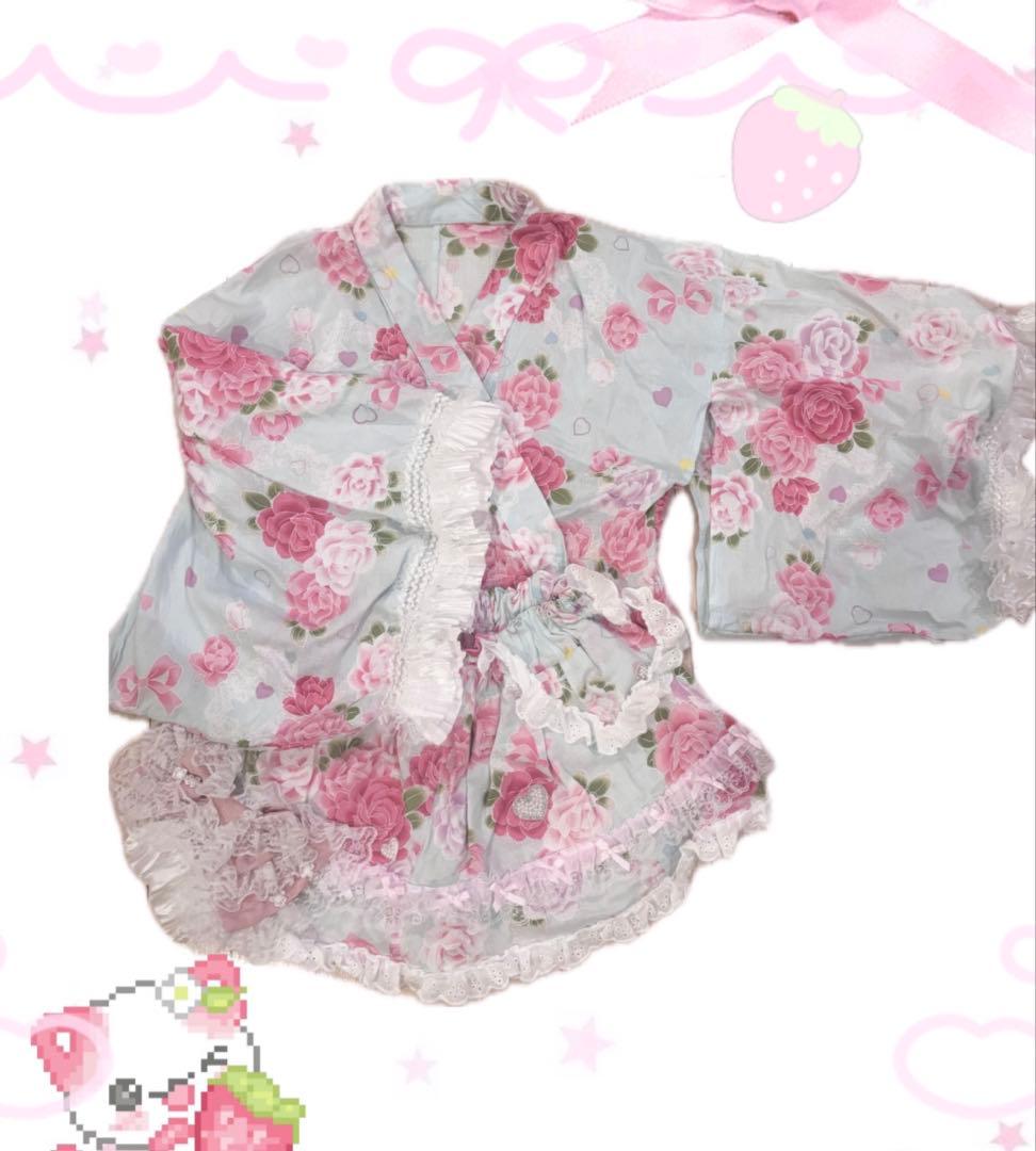 浴衣ドレス 水色 ピンク フリル 女児