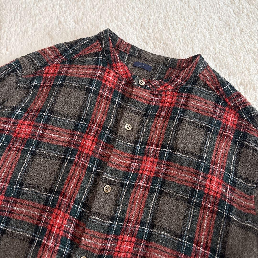 ichi ウール　ガーゼ　タータンチェック　シャツワンピース　バンドカラー
