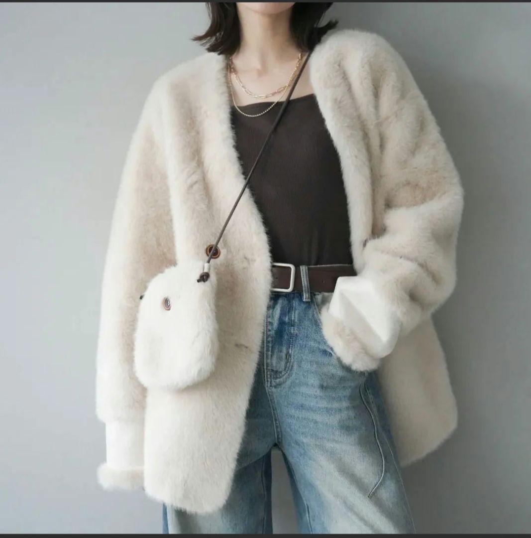 バッグ付エコファーノーカラーコート Lumier リュミエ