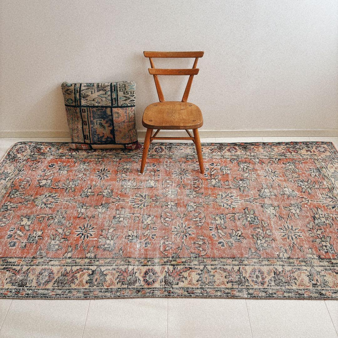 トルコ ヴィンテージラグ オレンジ ベージュ フローラル