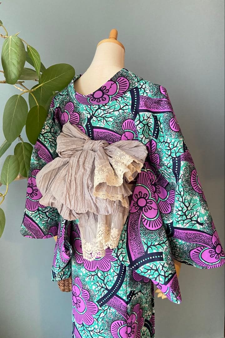アフリカンバティック　浴衣　【新品】　パープル×グリーン