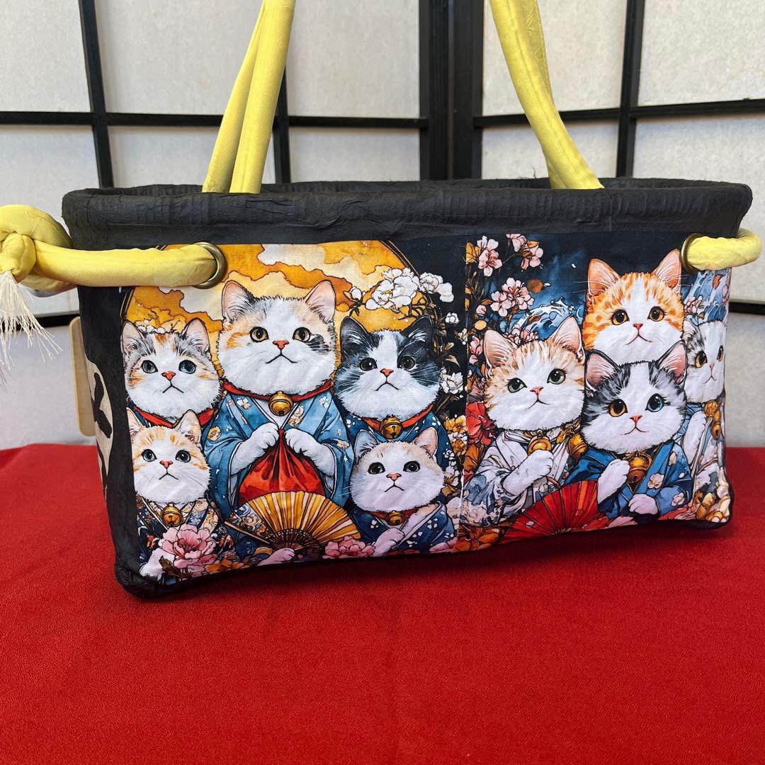 猫がいっぱい 一閑張り バッグ かごバッグ ハンドバッグ 和柄 猫 横長大きめ