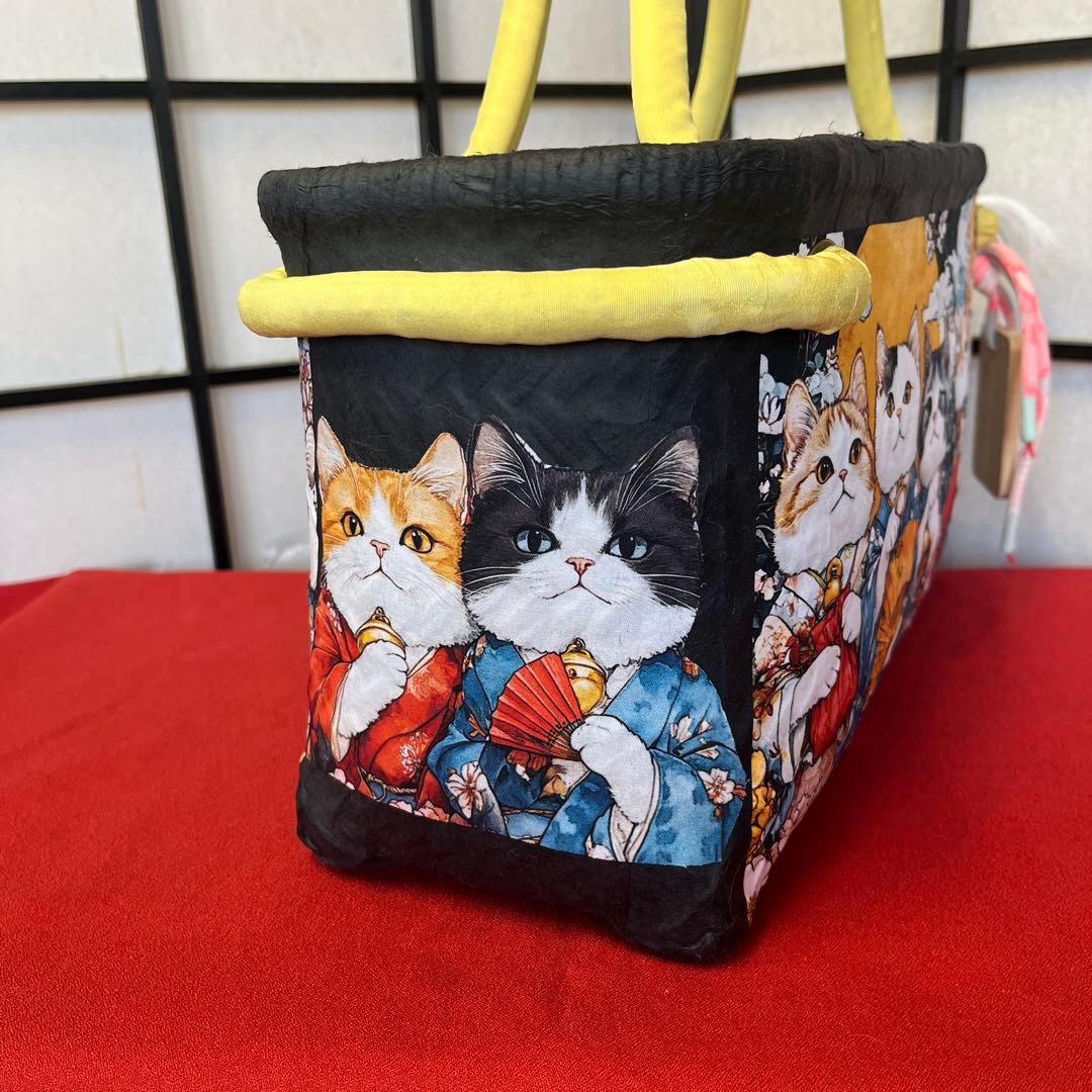 猫がいっぱい 一閑張り バッグ かごバッグ ハンドバッグ 和柄 猫 横長大きめ