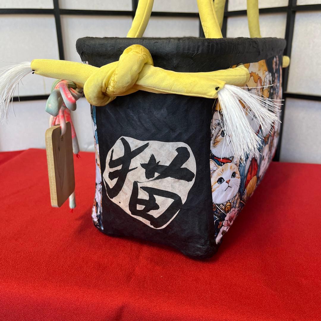 猫がいっぱい 一閑張り バッグ かごバッグ ハンドバッグ 和柄 猫 横長大きめ