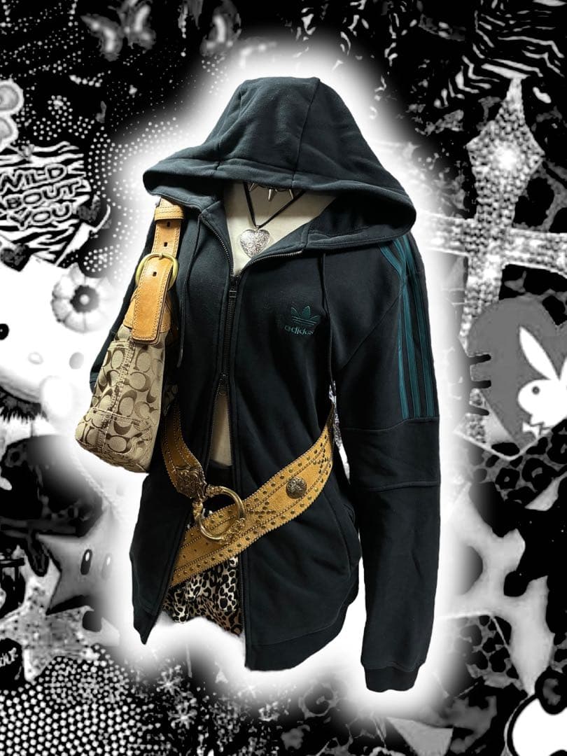 レア✴︎adidasトレフォイル刺繍Wジップ　ターコイズy2kグランジ平成ギャル