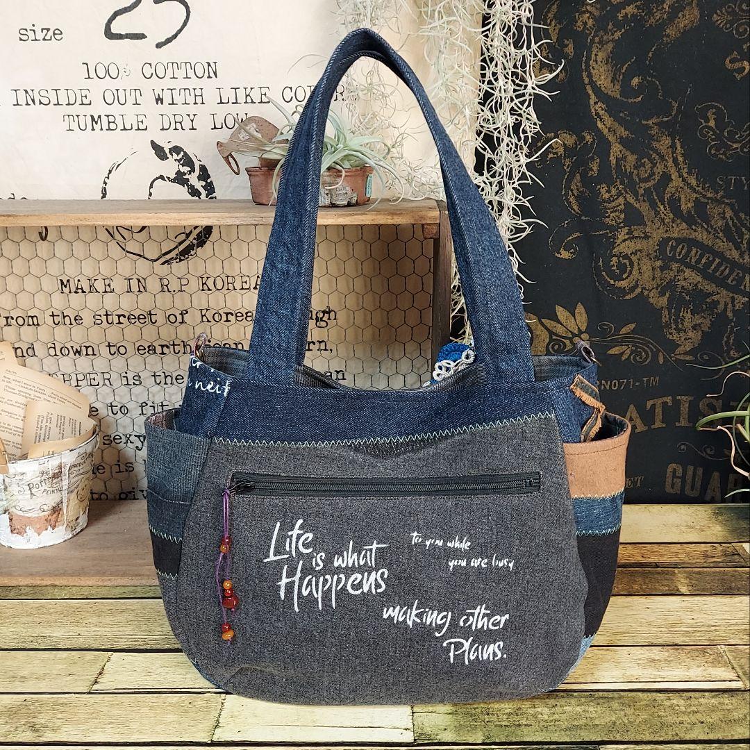 刺繍デニムバック　No.667　デニムリメイク　チューリップバック　刺繍バック