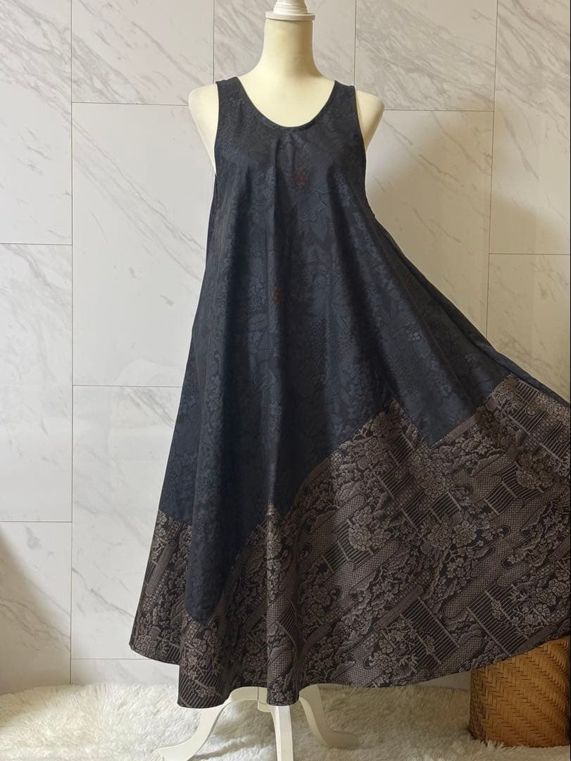 1-15大島紬リメイク　大島紬ロングワンピース　大島紬ジャンパースカート