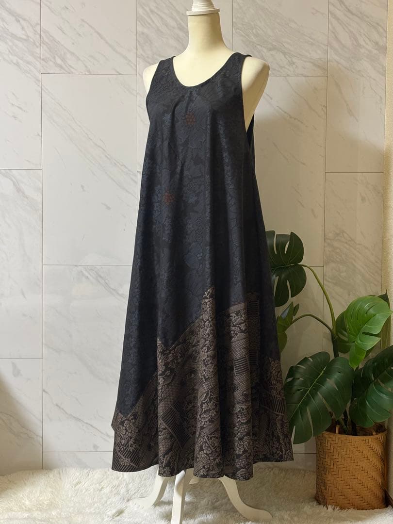 1-15大島紬リメイク　大島紬ロングワンピース　大島紬ジャンパースカート