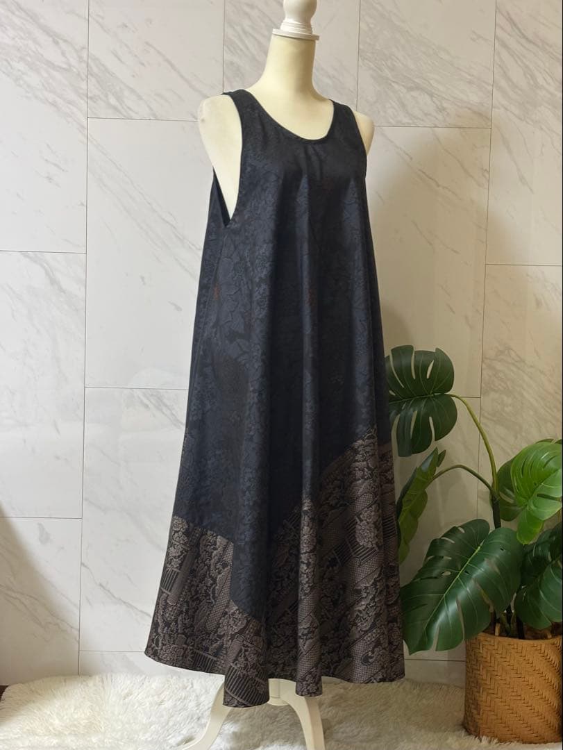 1-15大島紬リメイク　大島紬ロングワンピース　大島紬ジャンパースカート