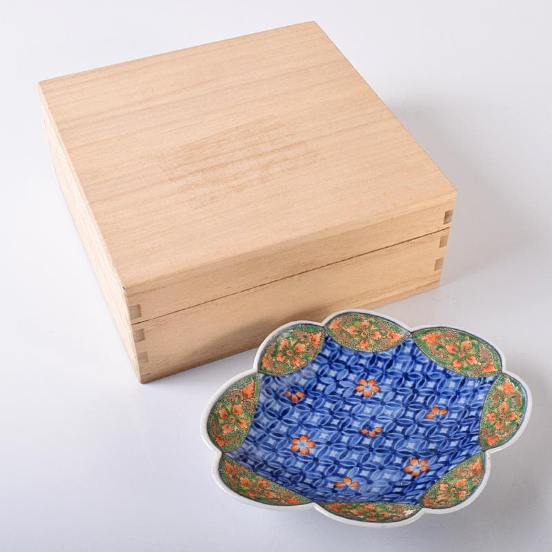 鍋島焼　古鍋島　染錦　七宝花文　楕円輪花皿　時代箱付　V　R7940