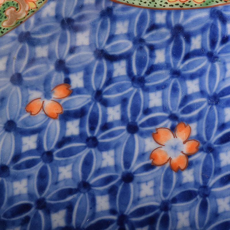 鍋島焼　古鍋島　染錦　七宝花文　楕円輪花皿　時代箱付　V　R7940