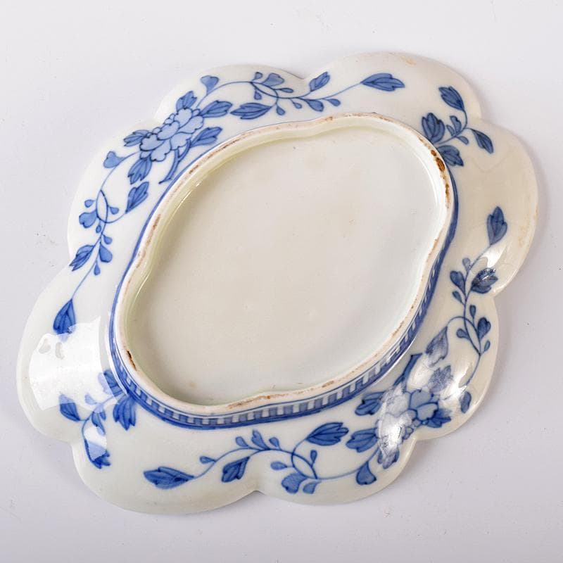 鍋島焼　古鍋島　染錦　七宝花文　楕円輪花皿　時代箱付　V　R7940