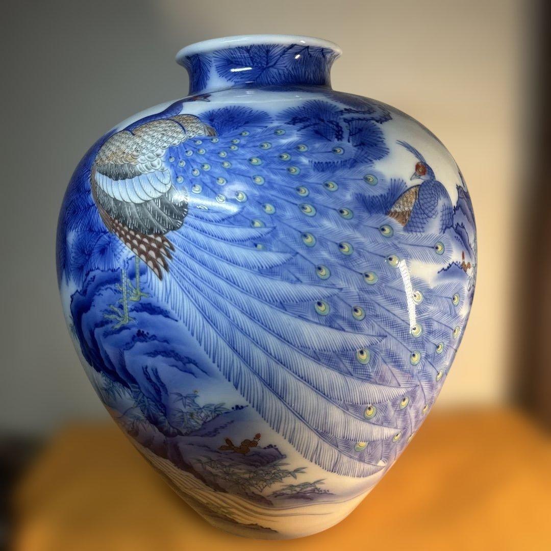 希少 美品 香蘭社 色絵孔雀山水文大花瓶　壺 34cm