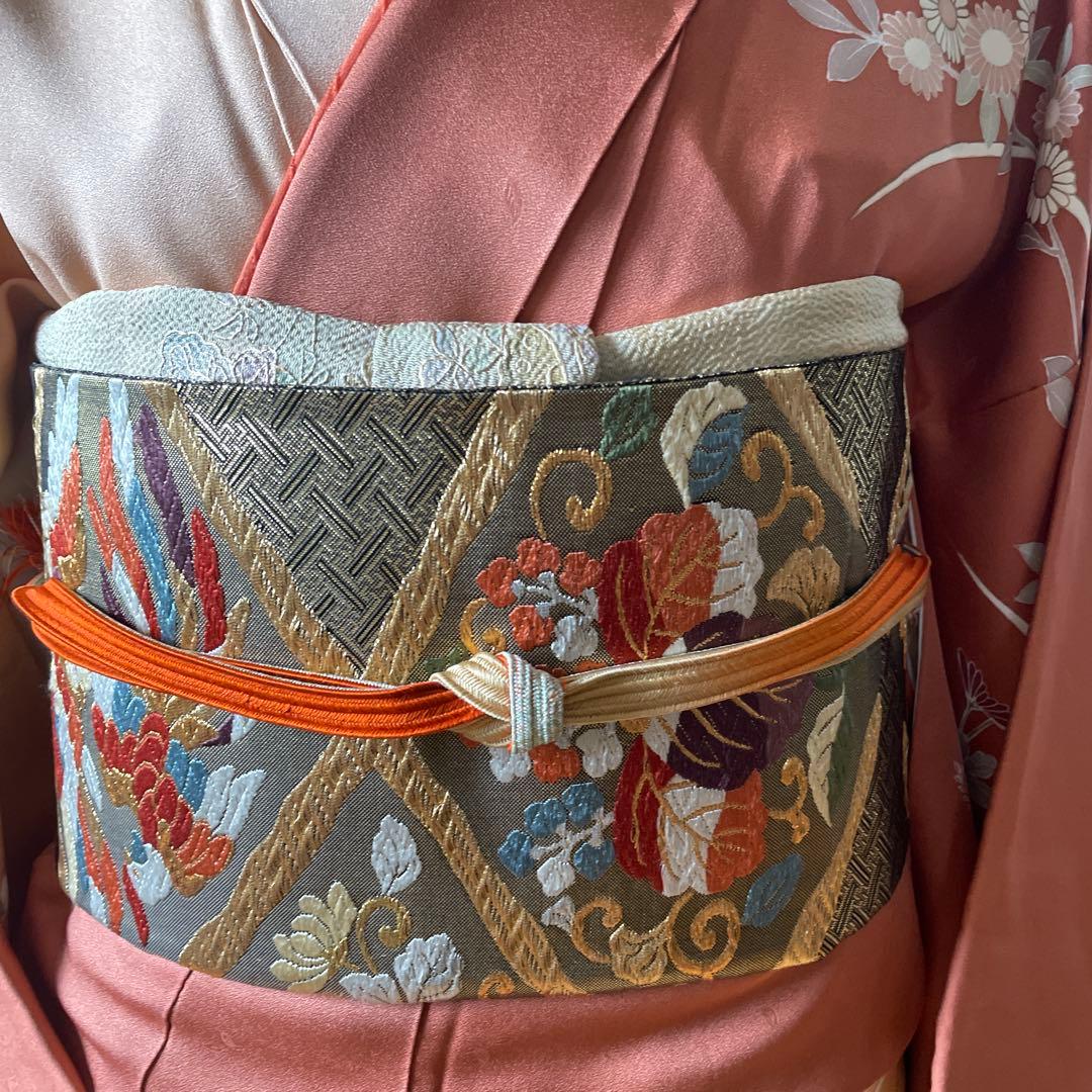 正絹訪問着 ピンクとベージュ 花柄刺繍 着物、帯、帯締め、帯揚げ、長襦袢のセット