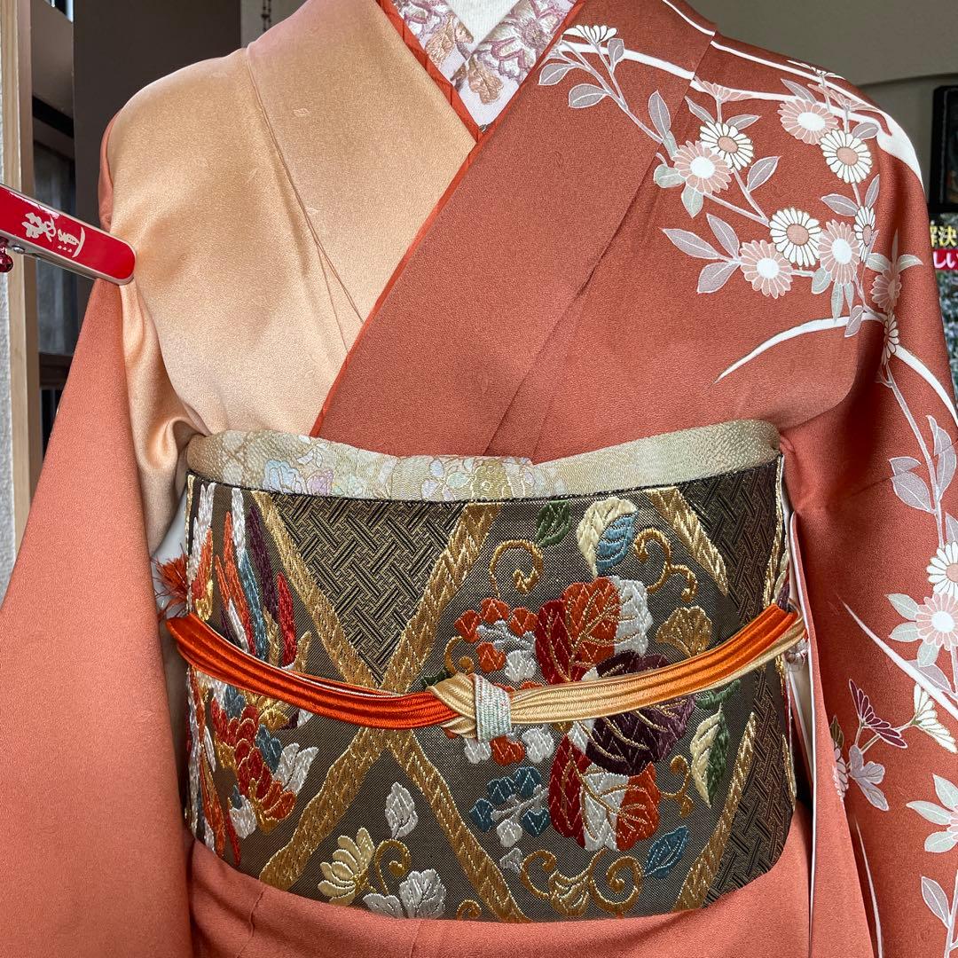 正絹訪問着 ピンクとベージュ 花柄刺繍 着物、帯、帯締め、帯揚げ、長襦袢のセット