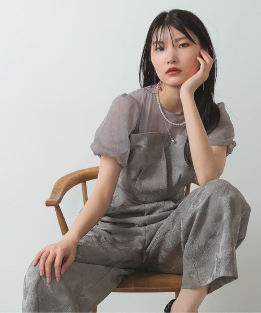 Kana チュール パフスリーブ ワイドパンツ オールインワン ハイウエスト　S