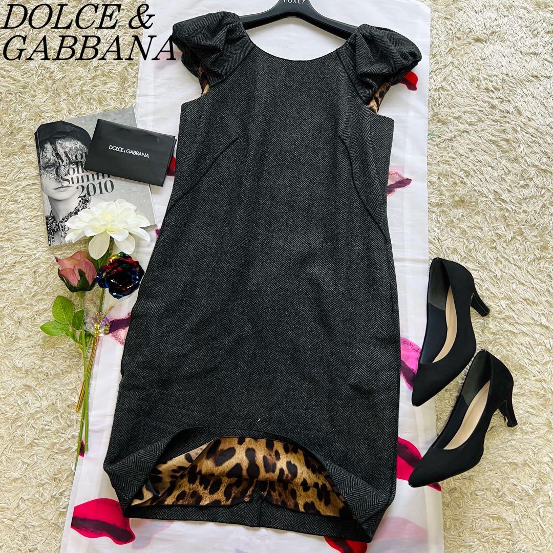 【美品】DOLCE & GABBANA 膝丈ワンピース レオパード グレー 38