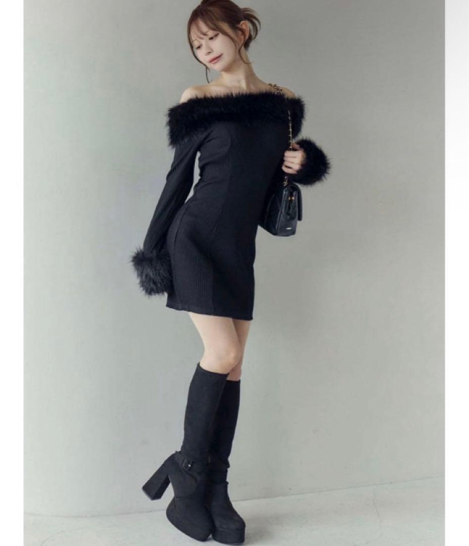 新品未使用 EATME フェイクファー オフショル ミニワンピース ブラック