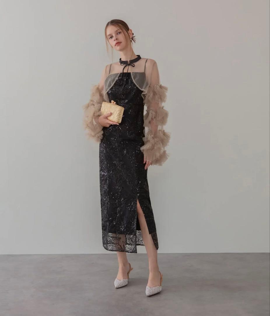 LEJA（レジャ）フリルチュールスリーブリボンIラインワンピースドレス