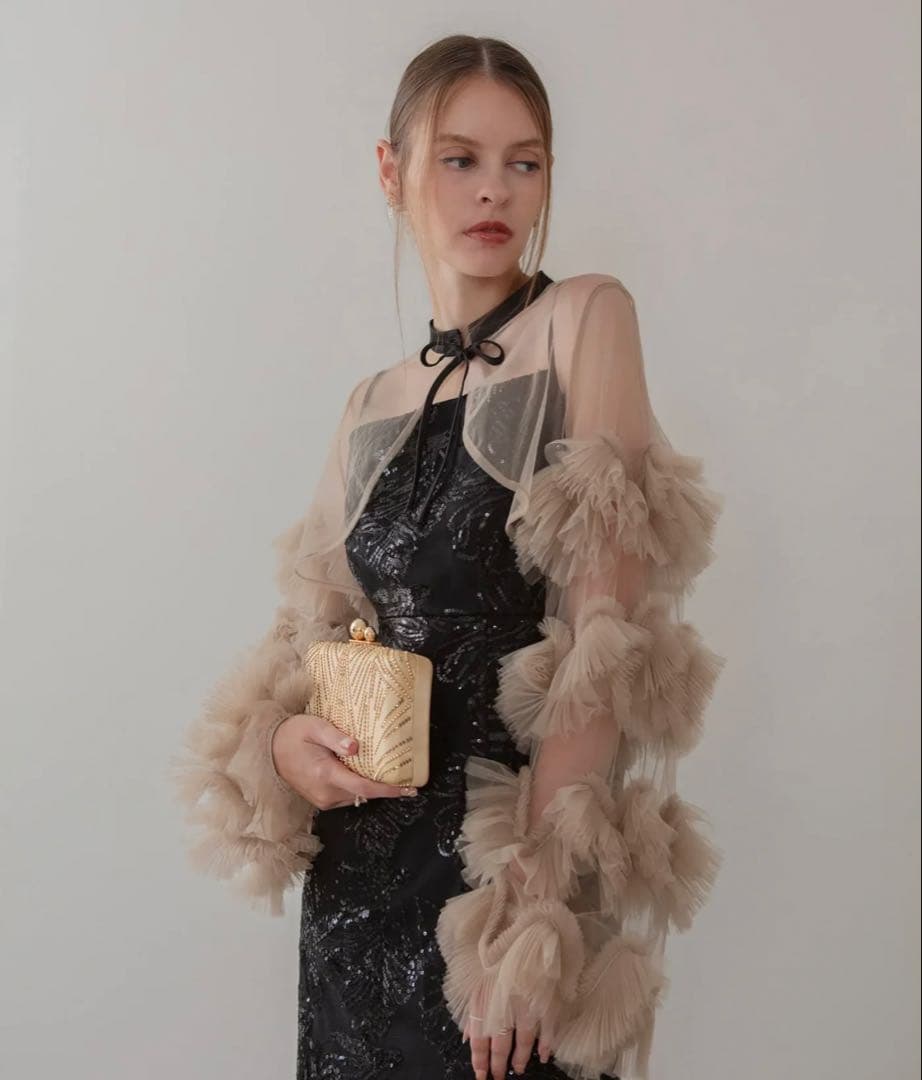 LEJA（レジャ）フリルチュールスリーブリボンIラインワンピースドレス