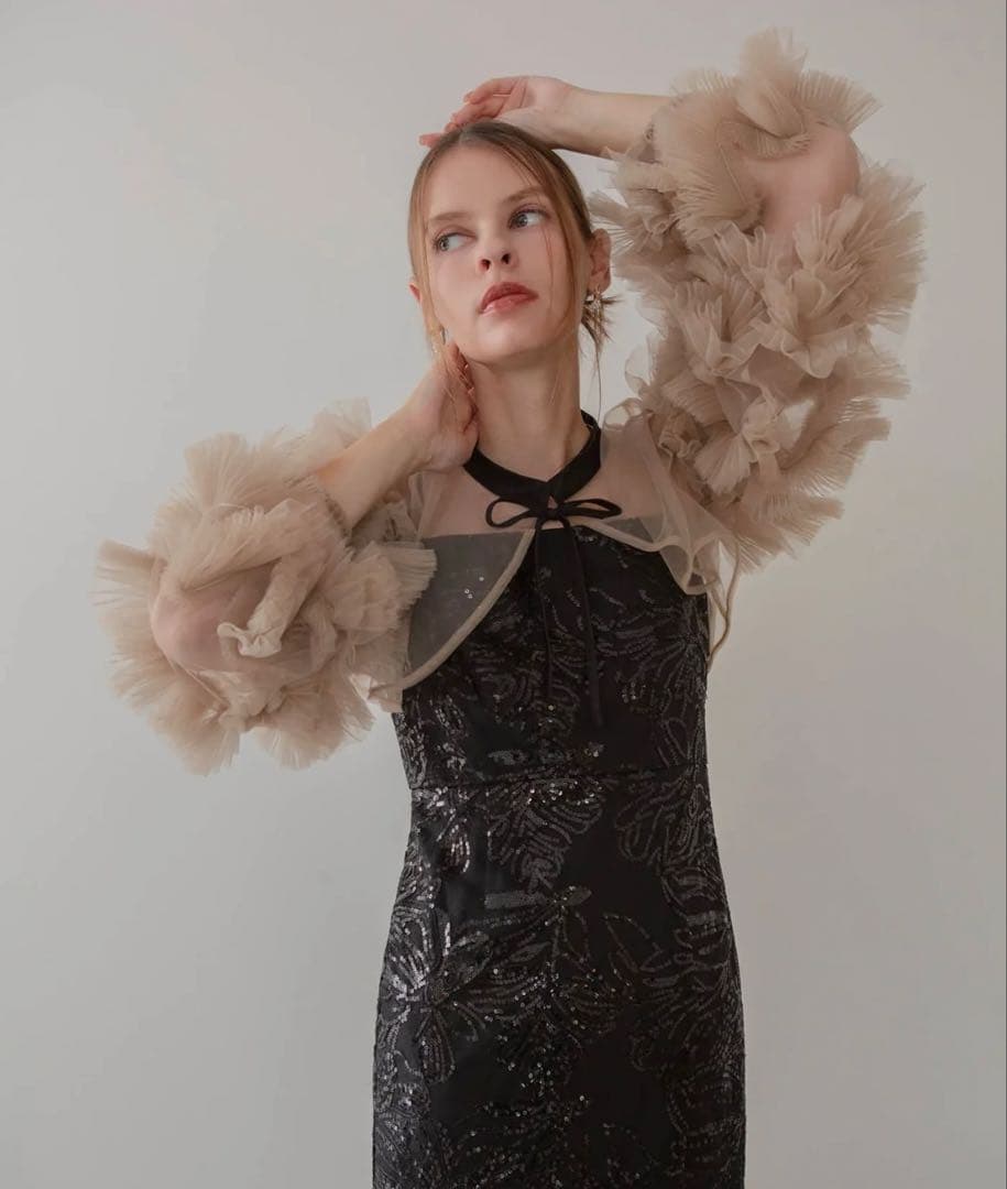 LEJA（レジャ）フリルチュールスリーブリボンIラインワンピースドレス