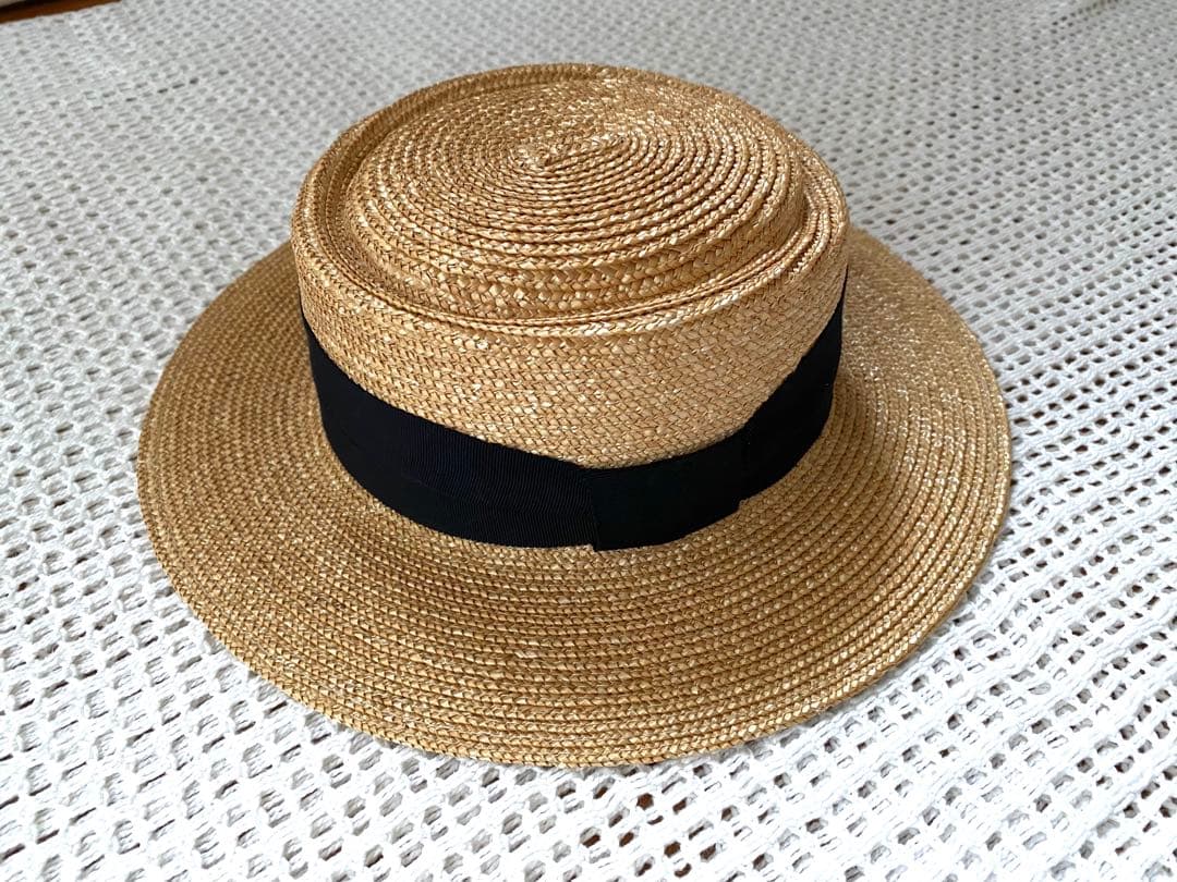 【美品】田中帽子店　アルマ　カンカン帽　黒リボン