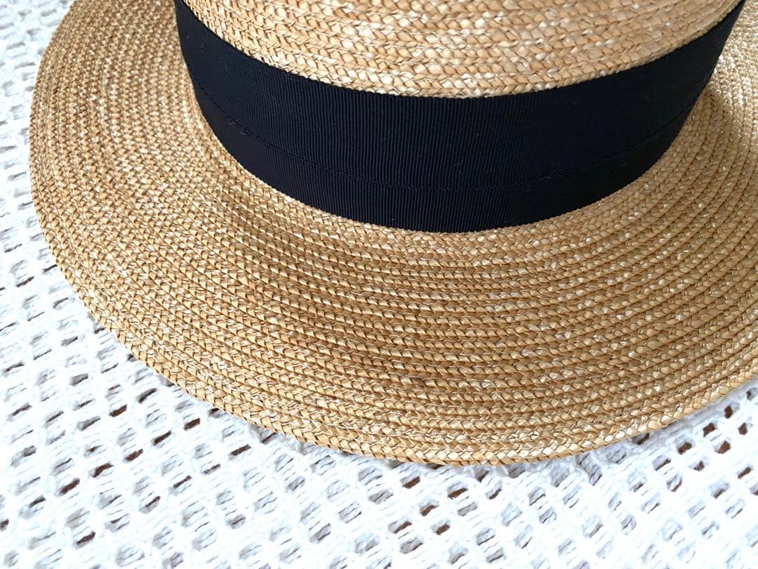 【美品】田中帽子店　アルマ　カンカン帽　黒リボン